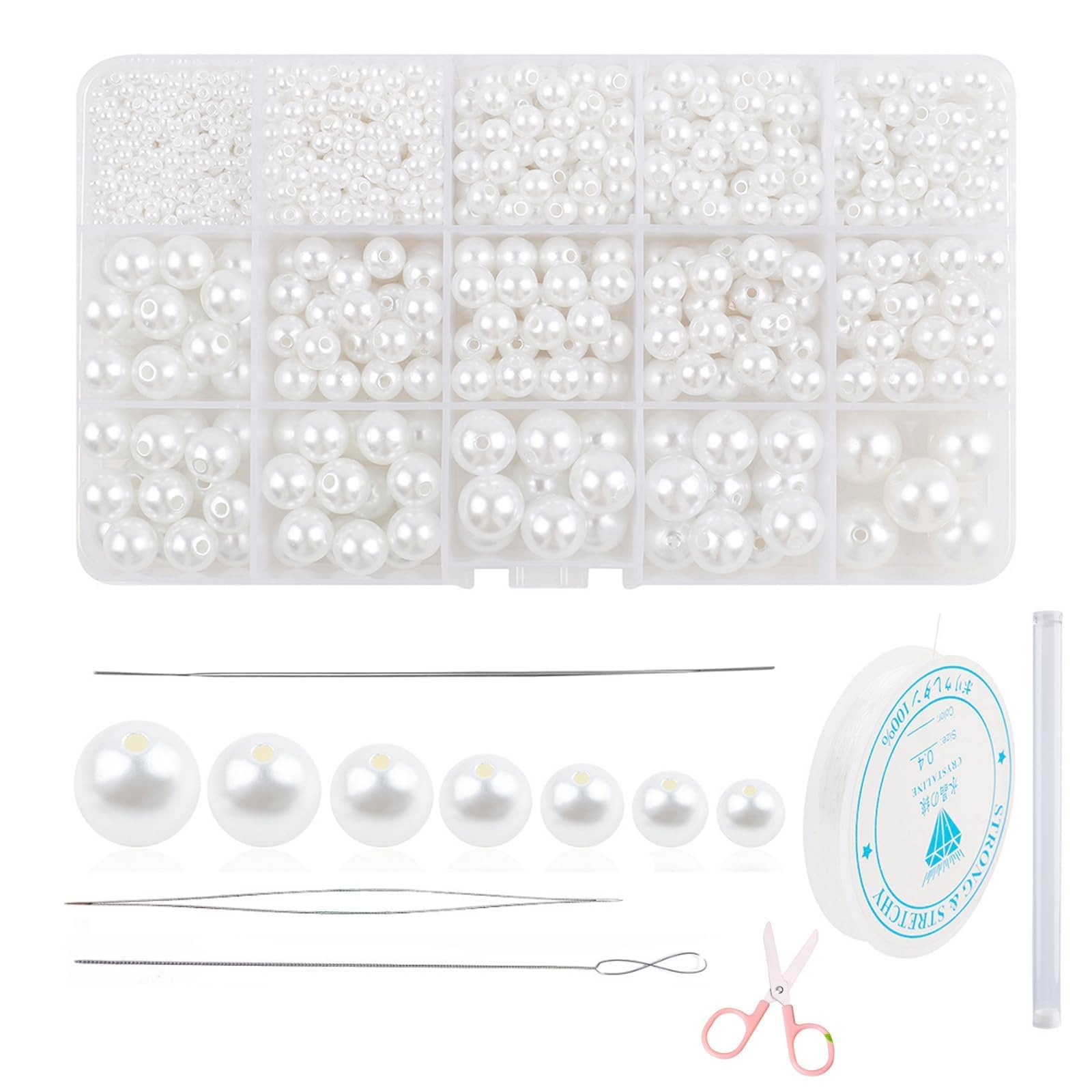 Pearl Beads for Crafts 1400PCS White Craft Pearls, Smooth Loose Pearls with Holes for Jewelry Making, Bracelets, Necklaces, and Decorations(with Elastic Cord, Beading Needle, Storage Tube, Scissors)