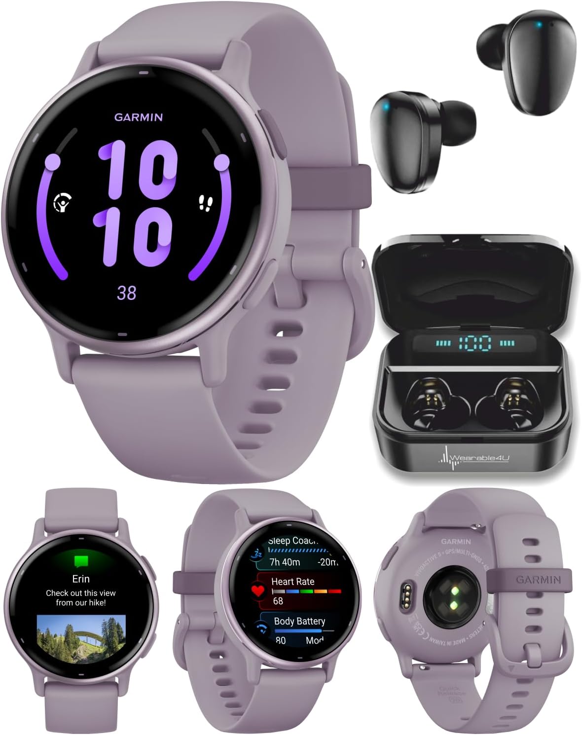 Wearable4U Garmin Vivoactive 5 Health and Fitness GPS Smartwatch, 1.2 in AMOLED Display, Up to 11 Days of Battery, Metallic Orchid Aluminum Bezel with Orchid Case Black Earbuds Bundle