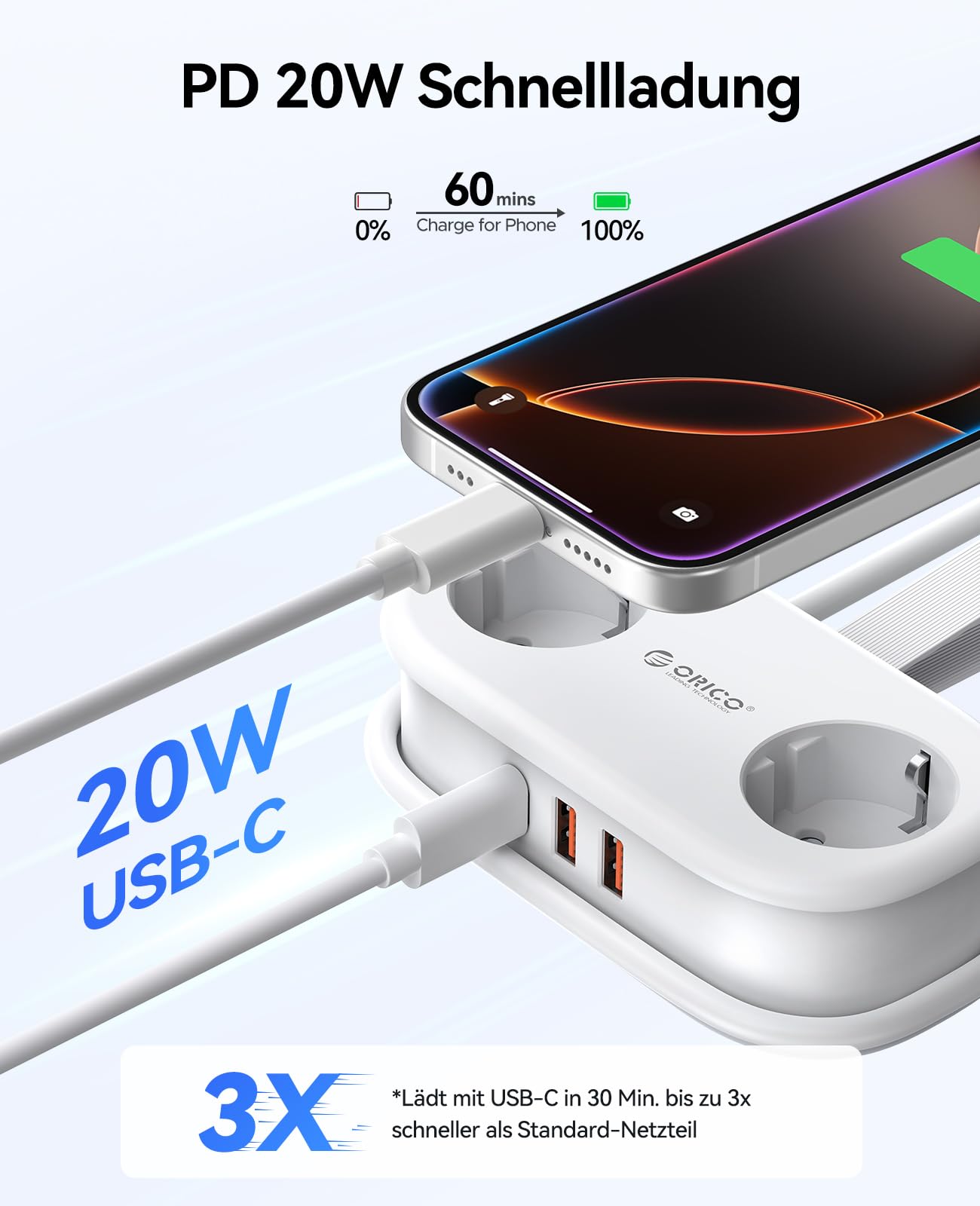 ORICO Steckdosenleiste mit USB C PD 20W, 2 Fächern Reise-Mehrfachsteckdose und 3 USB (1 USB C) Ladeanschlüssen Kompatibel mit Telefon, mit 1,5m Kabel für das Home Office auf dem Schiff (AP3-Weiß)