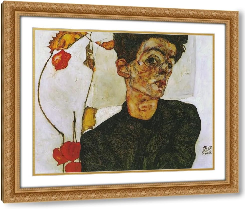 ArtDirect Self-Portrait with Chinese Lantern Plant 1912 Custom Framed Art Print Giclee Print or Canvas Options with Various Sizes and Customization by Schiele, Egon