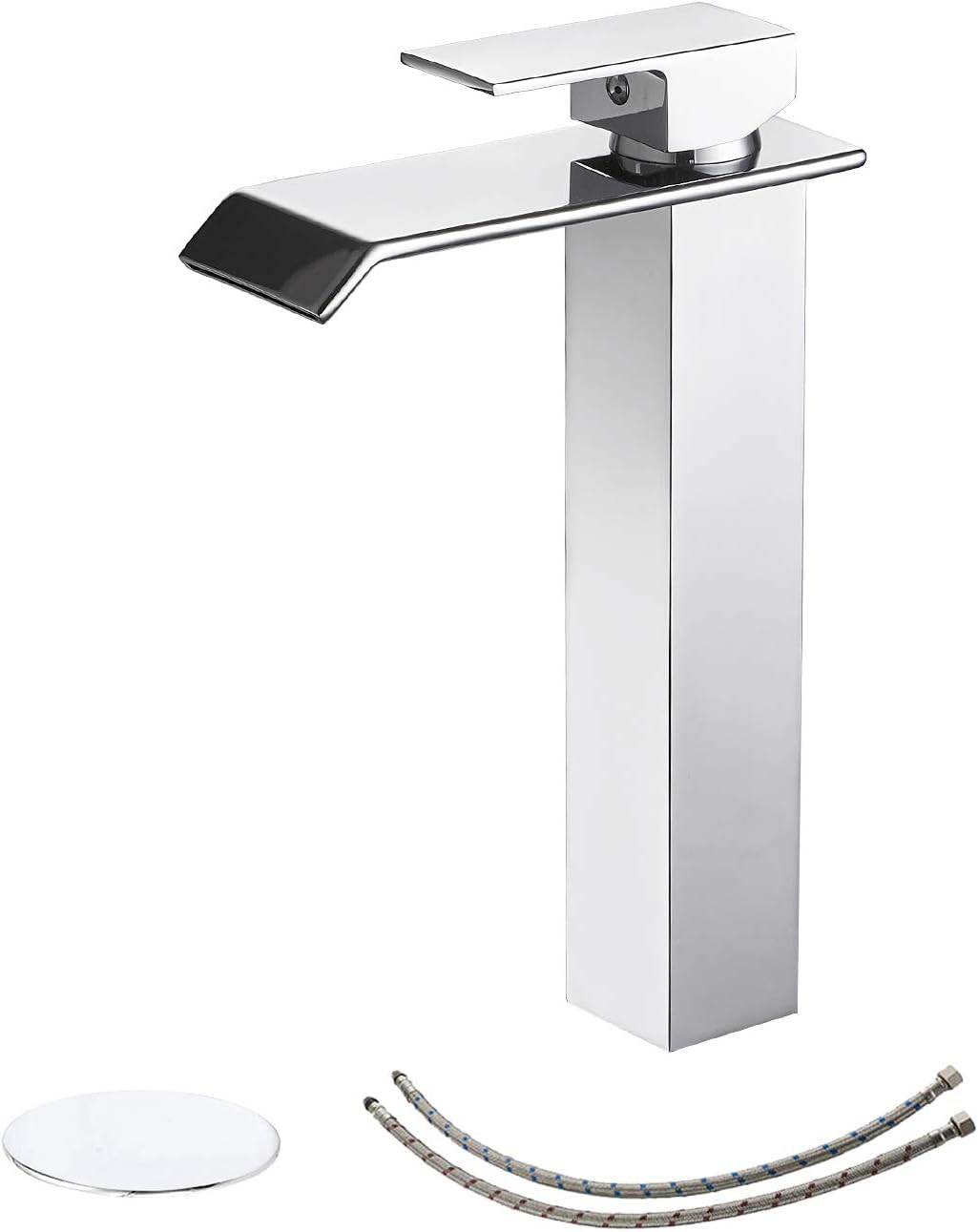 BWE Bathroom Faucet with Drain Assembly and Supply Hose Lead-free Lavatory Waterfall Vessel Sink Faucet Single Handle Mixer Tap Deck Mounted Chrome