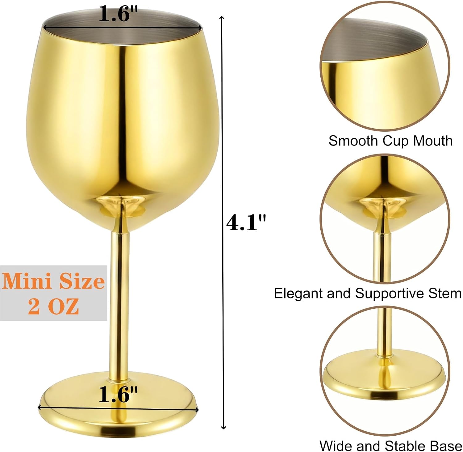 DEAYOU 2 Pack Stainless Steel Shot Glasses, 2 OZ Mini Wine Glass, Unbreakable Reusable Metal Cordial Glasses with Stem for Brandy, Cognac, Port, Tequila, Sherry, Party Supplies, Bar Tools, Gift, Gold