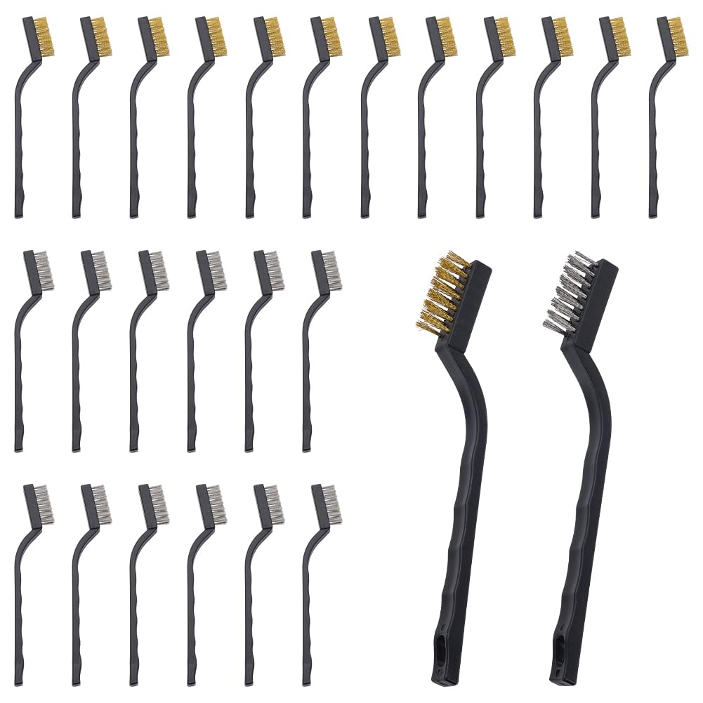 AHANDMAKER 26Pcs Stainless Steel Wire Brush, Small Metal Wire Brush with Curved Handle Grip Cleaning Brush Kits for Cleaning Welding Slag and Rust