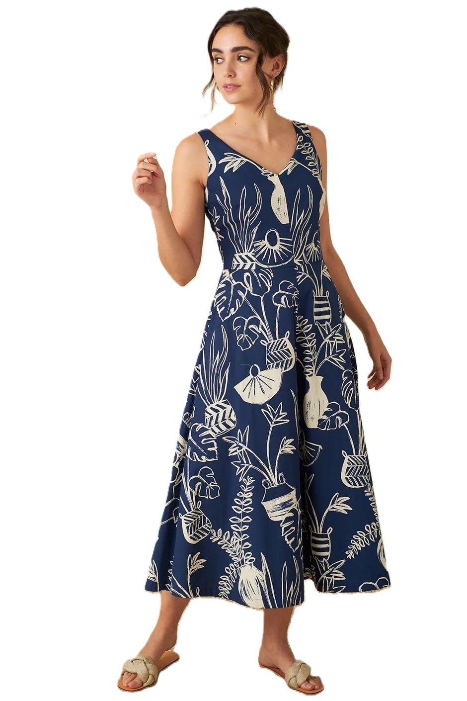 Women's Sleeveless Midi Dress, Navy Blue, Botanical Vase Print, V-Neck, Fit and Flare-picture-24