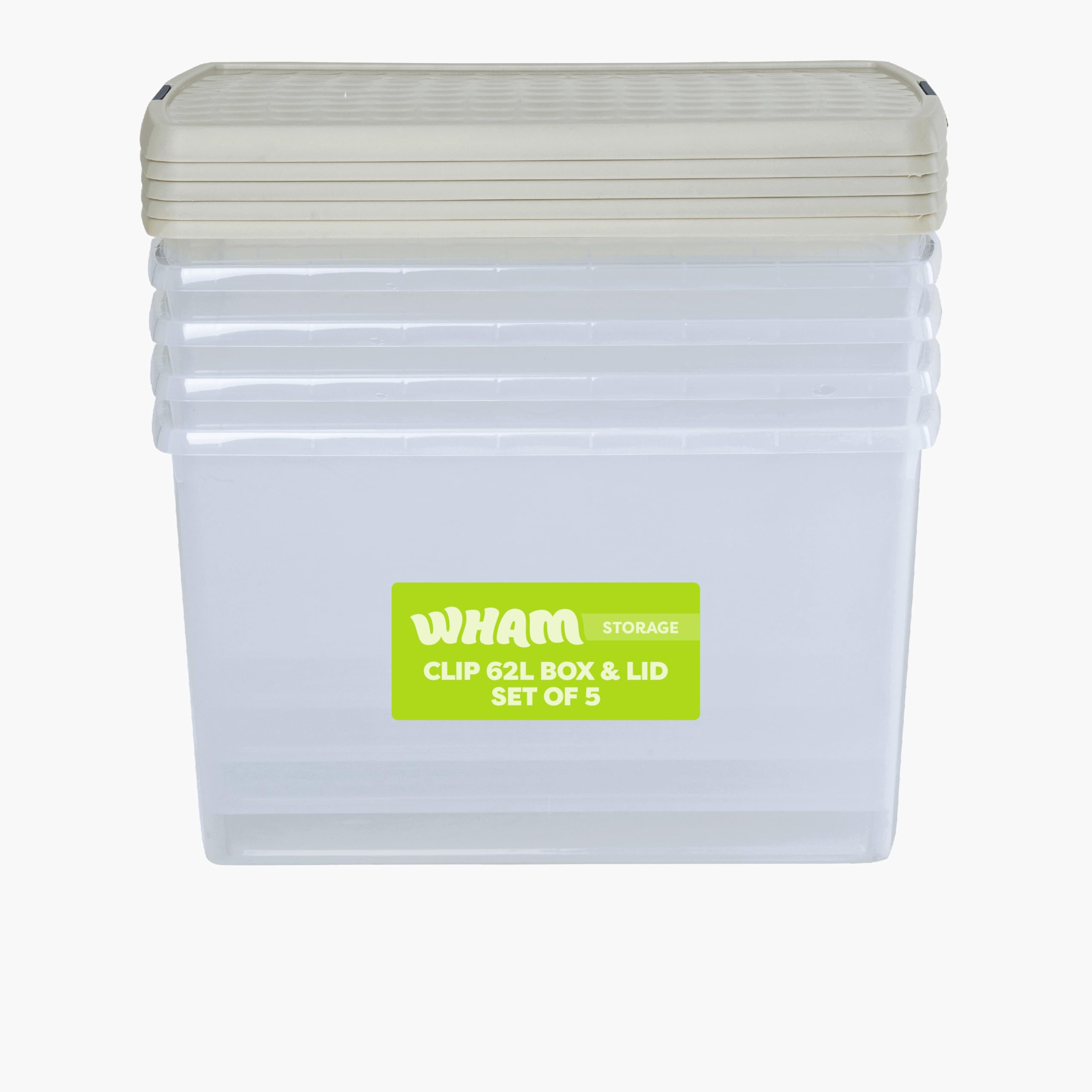 Wham Clip 5 x 62L Rectangular Stackable Plastic Storage Boxes with Lids | Ideal for Home, Office, Toys & More | Storage Containers with Clip Locks | Made in UK - Clear/Stone