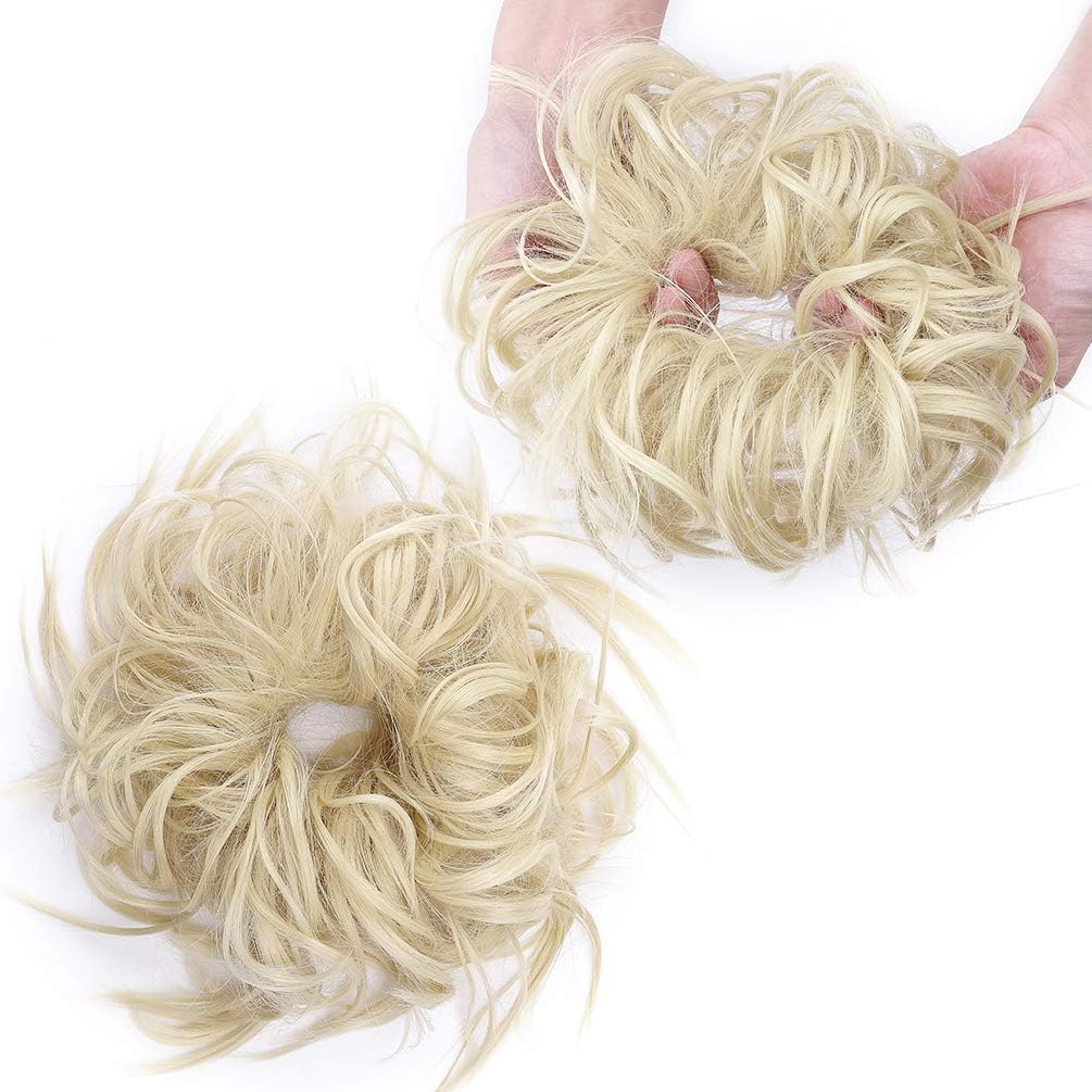 Tousled Updo Messy Bun Hair Extension Instant Ponytail With Elastic Rubber Band Updo Chignon Donut Scrunchies Extensions Hairpiece Synthetic Wavy Hair for Women Bleach Blonde - Image 3