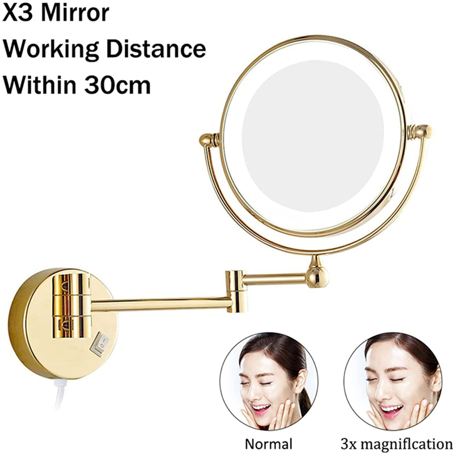 Espejo de Maquillaje montado en la Pared con Aumento, Espejo de tocador LED de Doble Cara for baño con extensión giratoria de 360 ​​° Dorado de 8 Pulgadas, con Enchufe