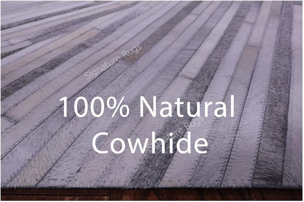 Handmade Premium Cowhide Leather Area Rug, Gray and Ivory Geometric Brick Pattern Carpet (Natural Brown/Grey/Ivory, 9'6"x14'0")