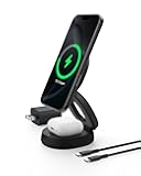 MagSafe Charger Compatible, 2-in-1 Qi2 Wireless Charging Station 15W, Convertible Charger for iPhone 17, Apple Watch, AirPods, Pixel 10, Portable Phone Stand for Travel w/ 30W Adapter - Black