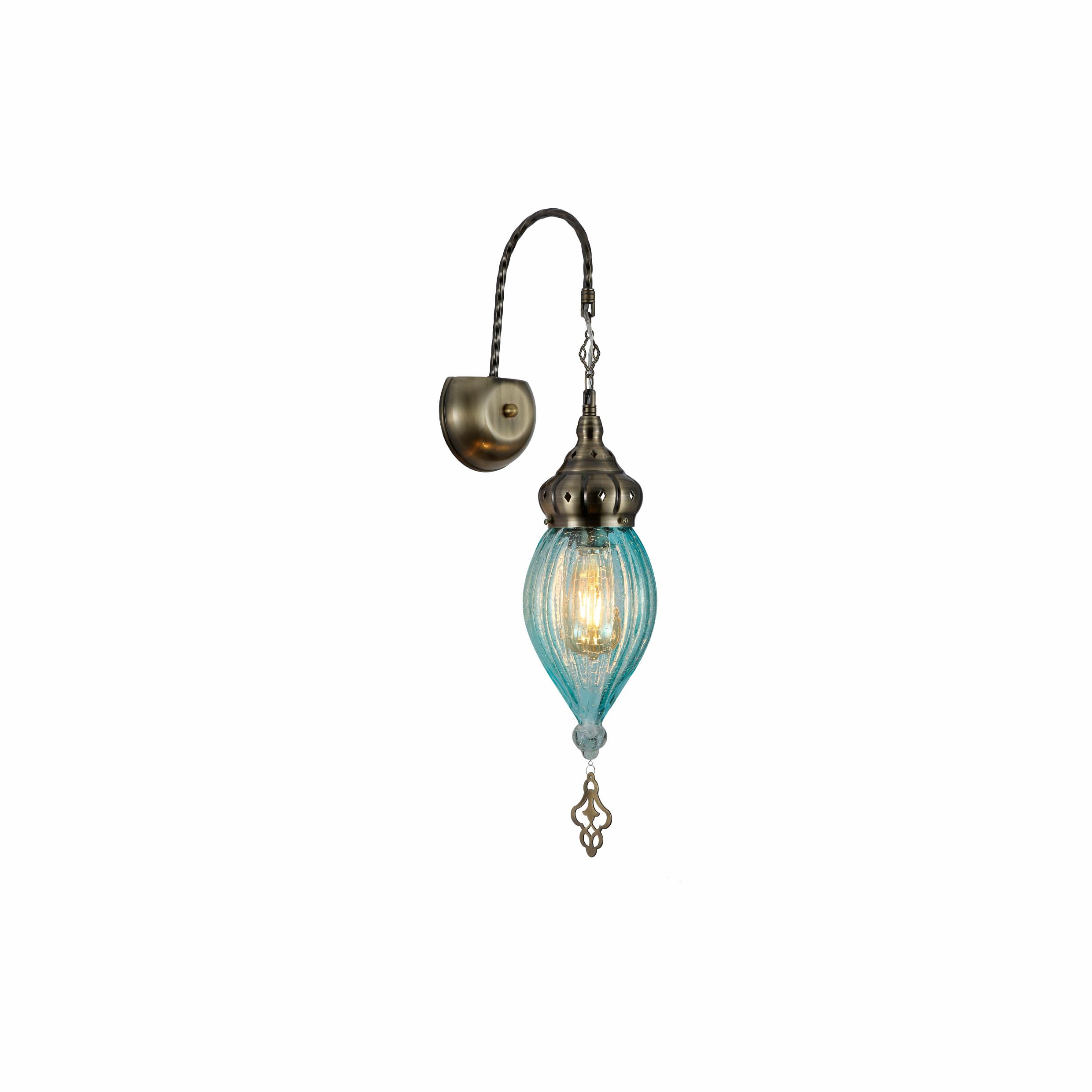 TEKLED Moroccan Style Antique Brass Glass Oriental Wall Light | E27 Bulb Base | for Bedrooms Living Rooms Dining Halls Hallways Porches Lobbies Cafes Restaurants | Blue (Bulb not Included)