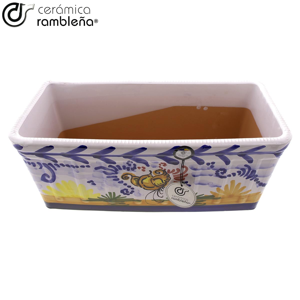 CERÁMICA RAMBLEÑA | Jardinera | Jardinera balcón | Jardinera Exterior | Jardinera Rectangular | Jardinera Decorado montería - Modelo J03 | 100% Decorada a Mano | 41x19x18 cm