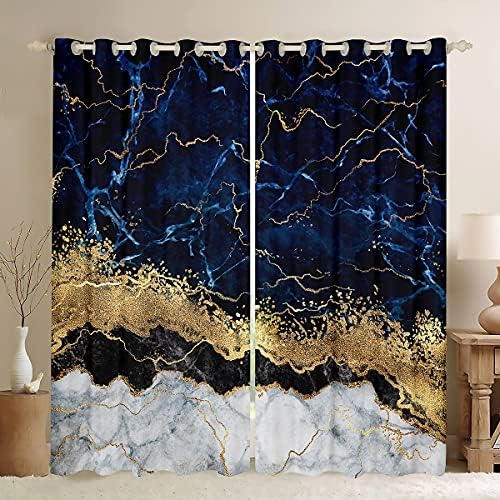 Erosebridal Marble Window Drapes Gold Giltter Curtain Panels Navy Blue Stone Marble Window Curtains Tie Dye Fluid Magma Abstract Art Hipster Window Treatments Living Room Decor 52W x84L Bedroom Decor