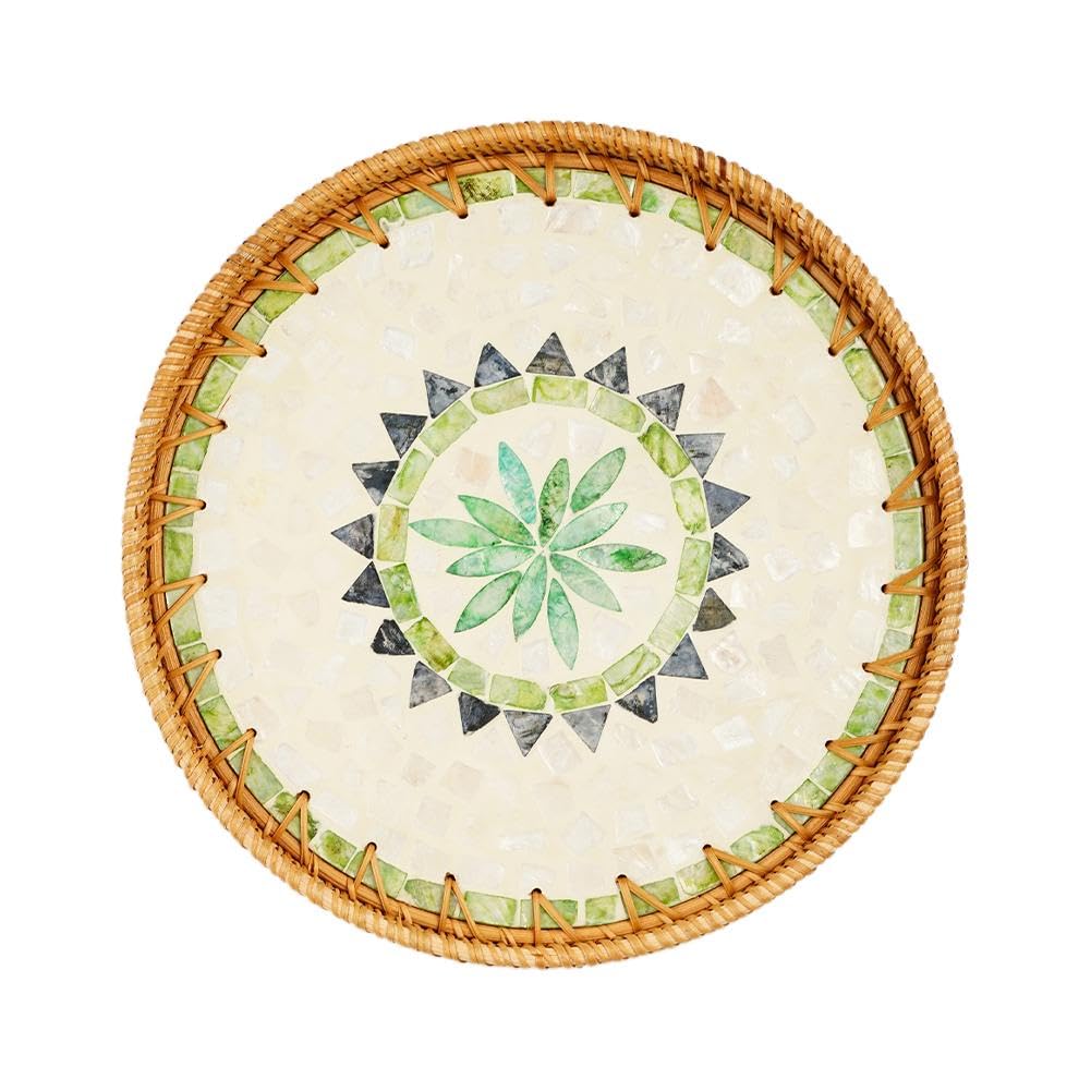 11.8" Green Forest Wicker Round Rattan Serving Tray, Large Boho Woven Decorative Tray for Coffee Table, Outdoor & Kitchen Display (Multiple Patterns Available)