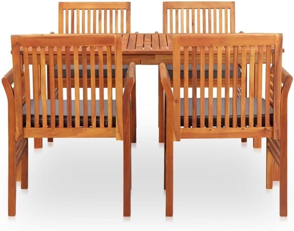 BOWERY HILL 5-Piece Outdoor Dining Set, Solid Acacia Wood, Brown Frame/Dark Gray Cushions, Rectangular Table and 4 Chairs, Weather-Resistant, Oiled Finish, Comfortable Patio, Balcony, or Terrace