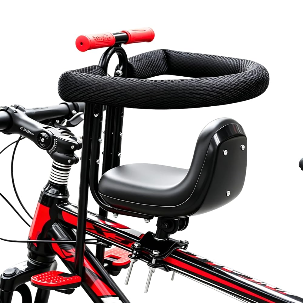 Foreverup Fotelik rowerowy dla dzieci, przednie siedzenie rowerowe, przednie siodełko dziecięce z pasami bezpieczeństwa i poręczami, dla dzieci do 40 kg, czarny
