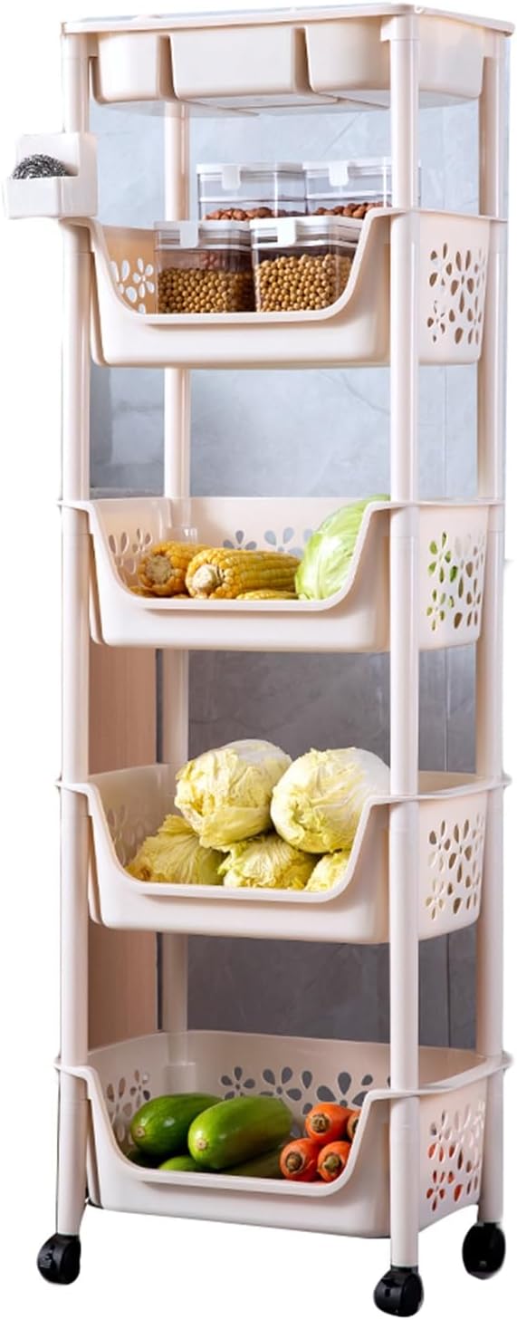 5-Tier Rolling Storage Cart, Narrow Utility Rack for Entryway, Pantry, Living Room - Versatile Beige Shelves, Space-Saving Organizer - 3/4/5-Tier Options Available