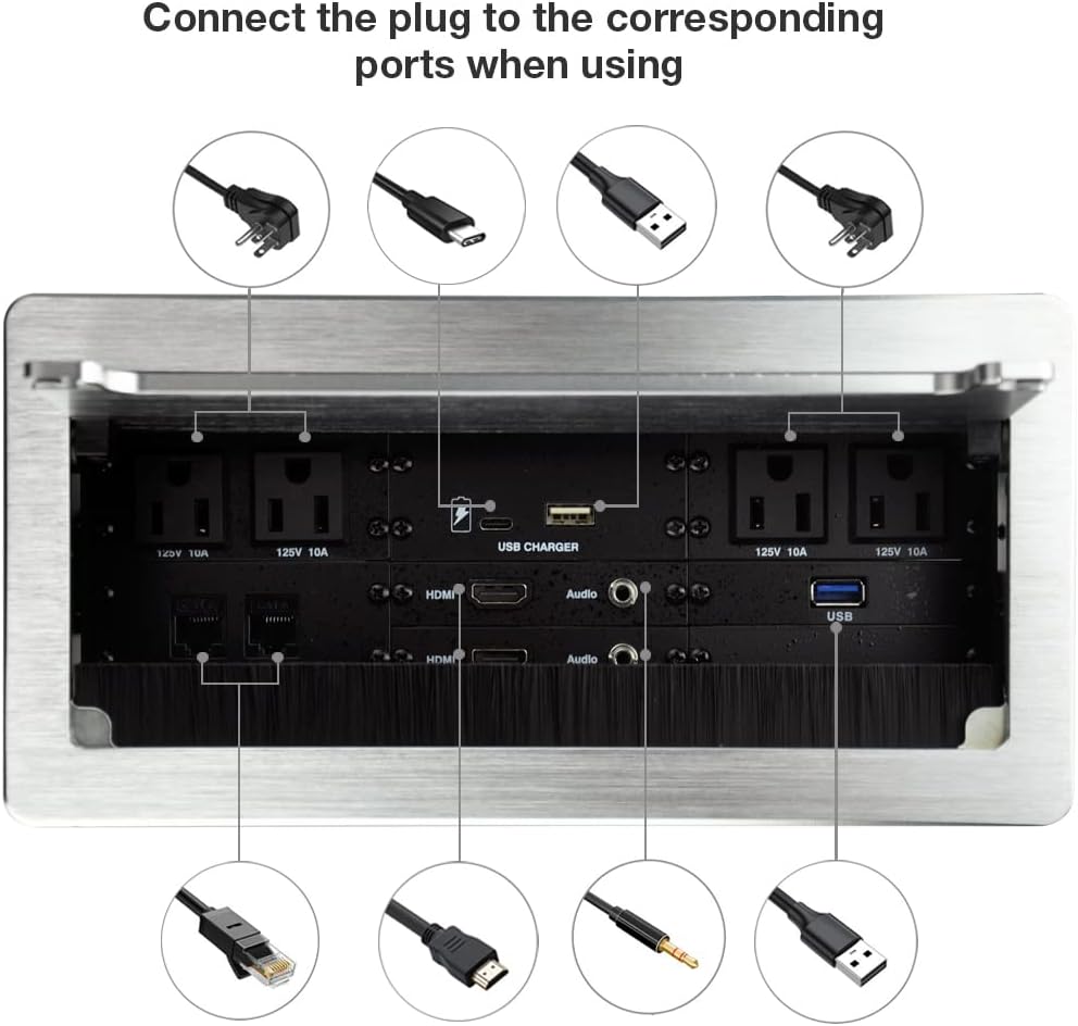 Connectivity Box with 4 AC Power+2 HDMI+2 Audio +2 LAN+1 USB-A Charger +1 USB-C Charger +1 USB3.0 Data with 5.58ft Power Cord for Conference Room (Silver)