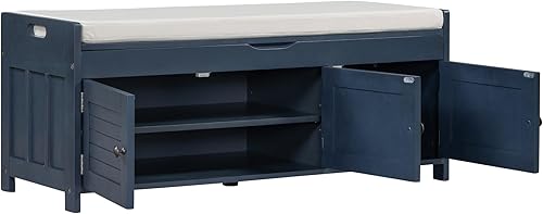 Miniatura 8 de SOFTSEA Banco de almacenamiento con 3 puertas en forma de persiana, banco de entrada de madera, banco de zapatos con cojín extraíble y