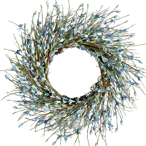 Bibelot 20inch Artificial Forsythia Flower Wreath, All Year Around Wreath for Front Door, Wedding Window Home Wall Indoor Front Door Decor (Blue, 20in)
