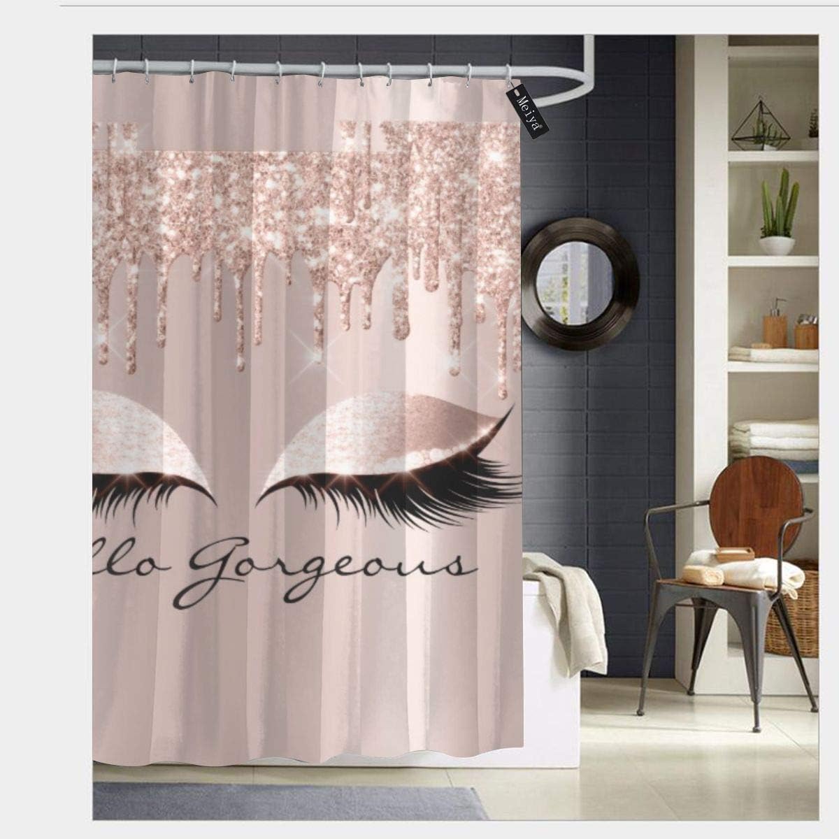 Puloa Spark Rose Gold Drips Makeup Lashes Hello Gorgeous Shower Curtains with 12 Hooks,Durable Bathroom Curtain 72" x 72"