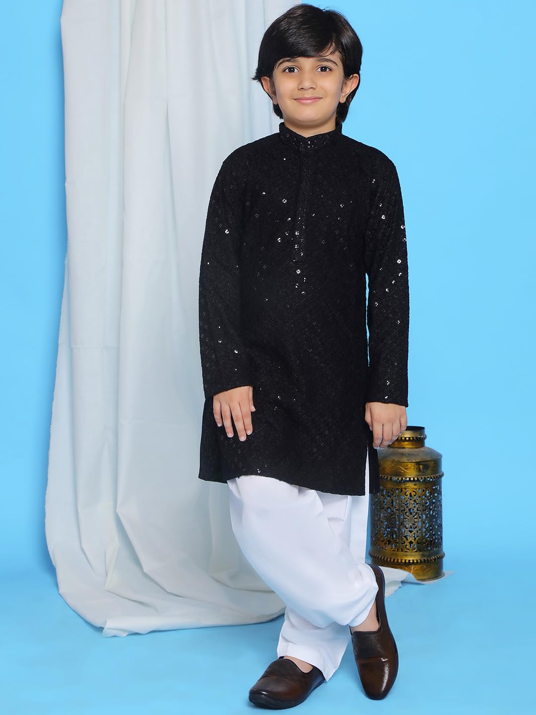 AJ DEZINES Boys Ethnic Kurta Pajama Set | Cotton Full Sleeve Chikankari Kurta with Sequins | Traditional & Festive Outfit | Mandarin Collar, Regular Fit | Special Occasion Outfit for Kids | BLACK-7 - Image 7 thumbnail