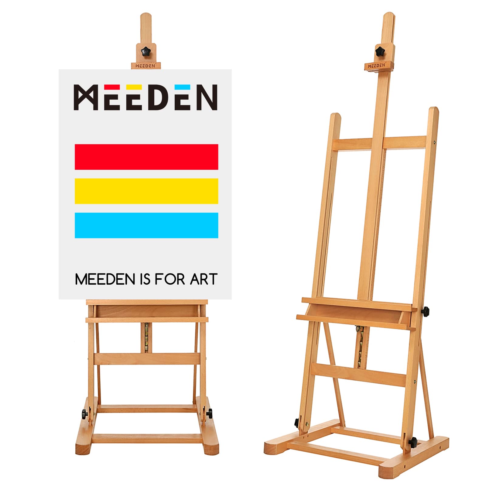Photo 1 of MEEDEN Studio H-Frame Easel with Storage Tray, Solid Beech Wood Artist Painting Easel, Best Wooden Floor Easel, Holds Canvas Art up to 48" Natural