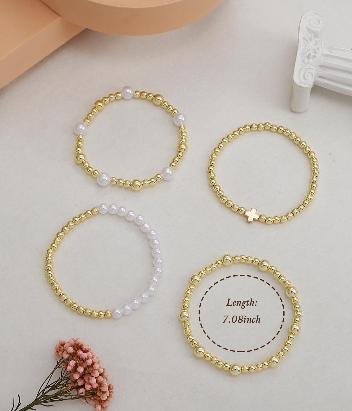 BOMAIL Gold Beaded Bracelets for Women Trendy Non Tarnish Gold Bracelet Stack 14K Gold Plated Pearl Bead Bracelets Cross Bracelets Set Stackable Stretch Beads Bracelet - Image 6