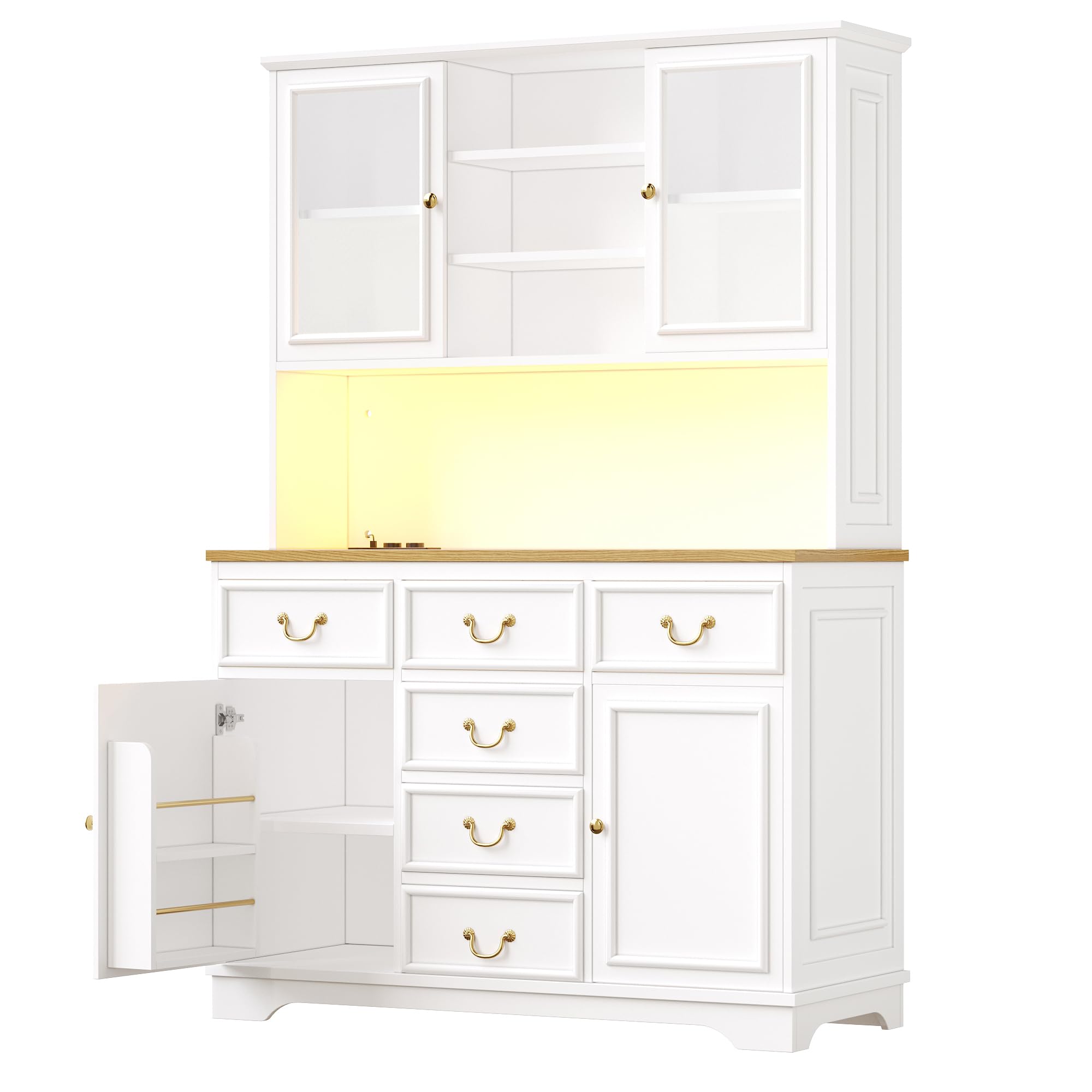 Küchenschrank Hochschrank mit LED,Buffetschrank Esszimmerschrank mit USB-Anschlüssen & Steckdosen,Küche Aufbewahrungsschrank mit Snackregaltüren & Standorte der Mülleimer,118×39.5×180cm