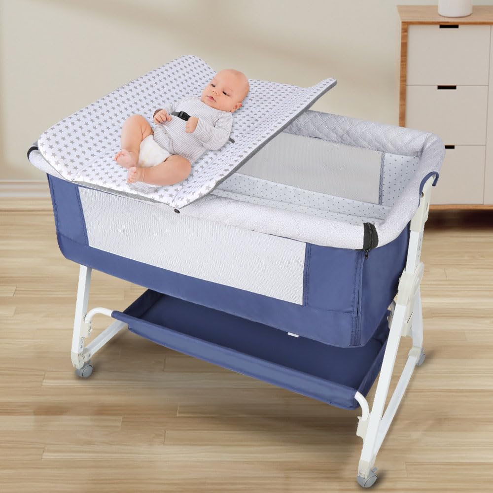 homewell 2 en 1 Lit Cododo Bebe Pliable, Berceau Cododo 0-30 Mois, 6 Réglages de Hauteur, Berceau bébé Mobile Lit d'Appoint, Grand Panier, Apportez UNE moustiquaire (Bleu Marine, 95 * 50*(98-110) cm)