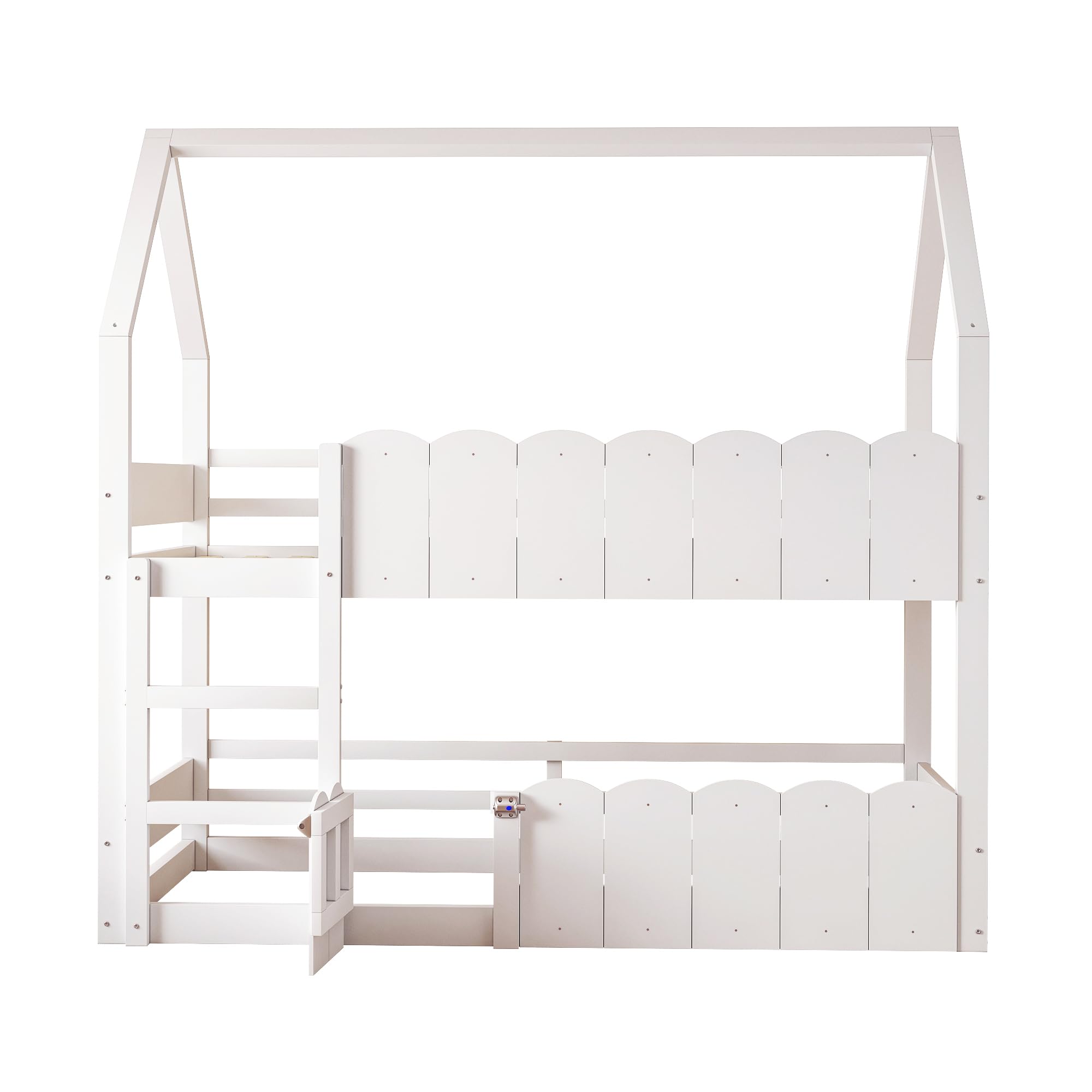 Etagenbett 90x200 cm, Kinderbett mit Fenster | Ohne Matratze, Stockbett mit Sicherheitsgeländern, Holzbett mit Hausförm, Bett für Kinder Mädchen Weiß