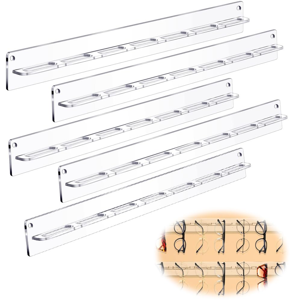 Azonee 5 Pack Acrylic Sunglasses Organizer, Wall Mounted Eyeglasses Holder, Hanging Eyewear Display Rack for Entryway Shelf, Clear Storage Solution