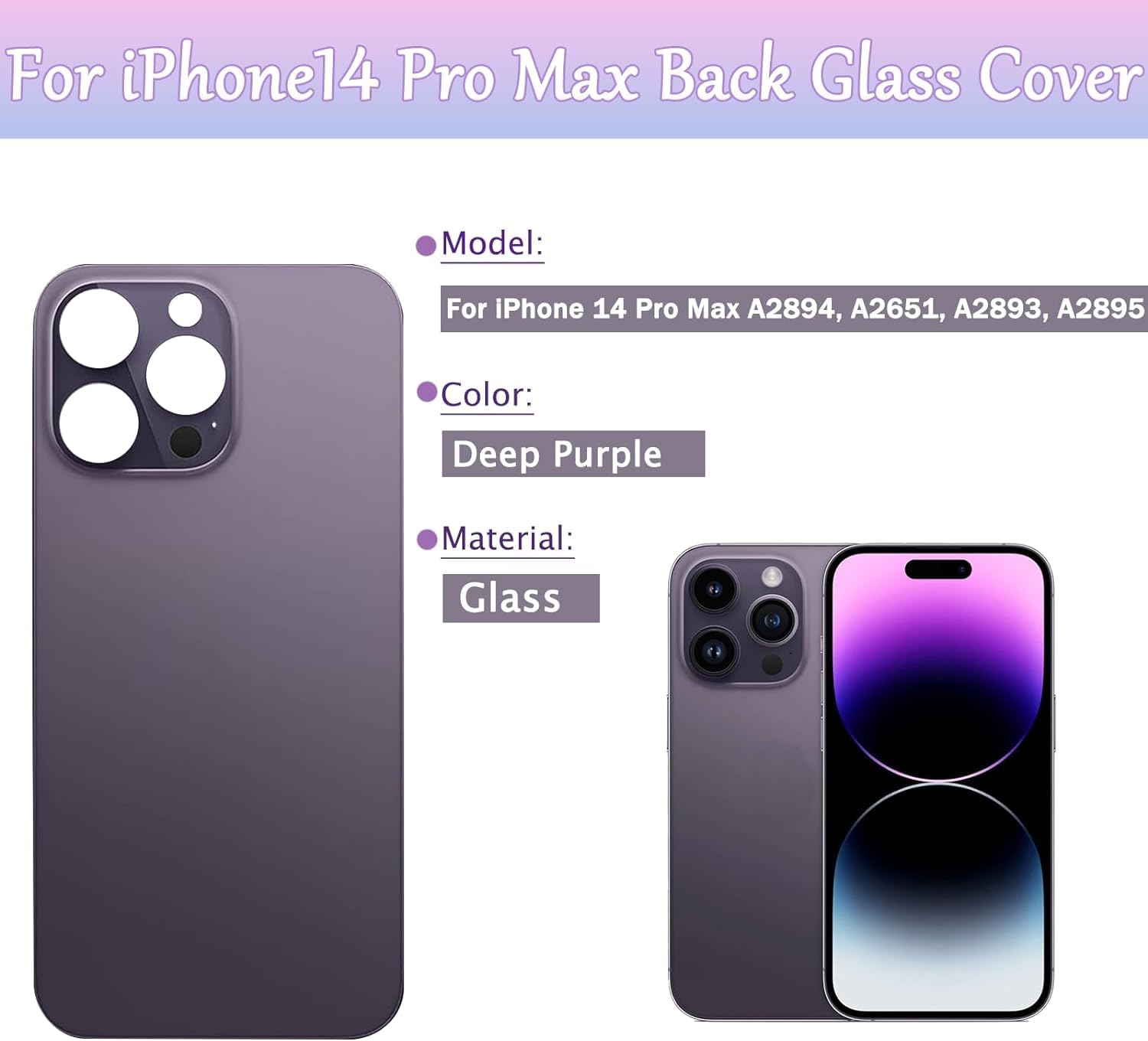 14 Pro Max Verre arrière de Rechange pour iPhone 14 Pro Max 6,7" avec kit d'outils Repar(Violet foncé)