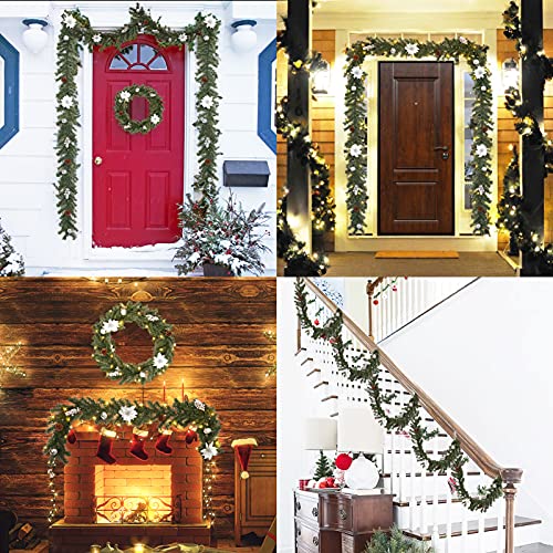 Artificial Lighted Christmas Garland, 6 FT Battery Operated Xmas Garland with Lights, White Flower and Sliver Berry Decorations Garland for Fireplace Banister Fence Decor