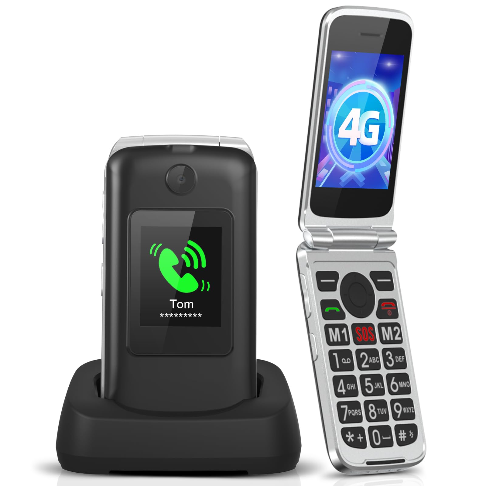 Tosaju 4G Senior mobiele telefoon met klapdeksel voor senioren, draagbaar, ontgrendeld, met grote toetsen, telefoon, oplaadstation, SOS, dubbel scherm (2,8 inch en 1,77 inch