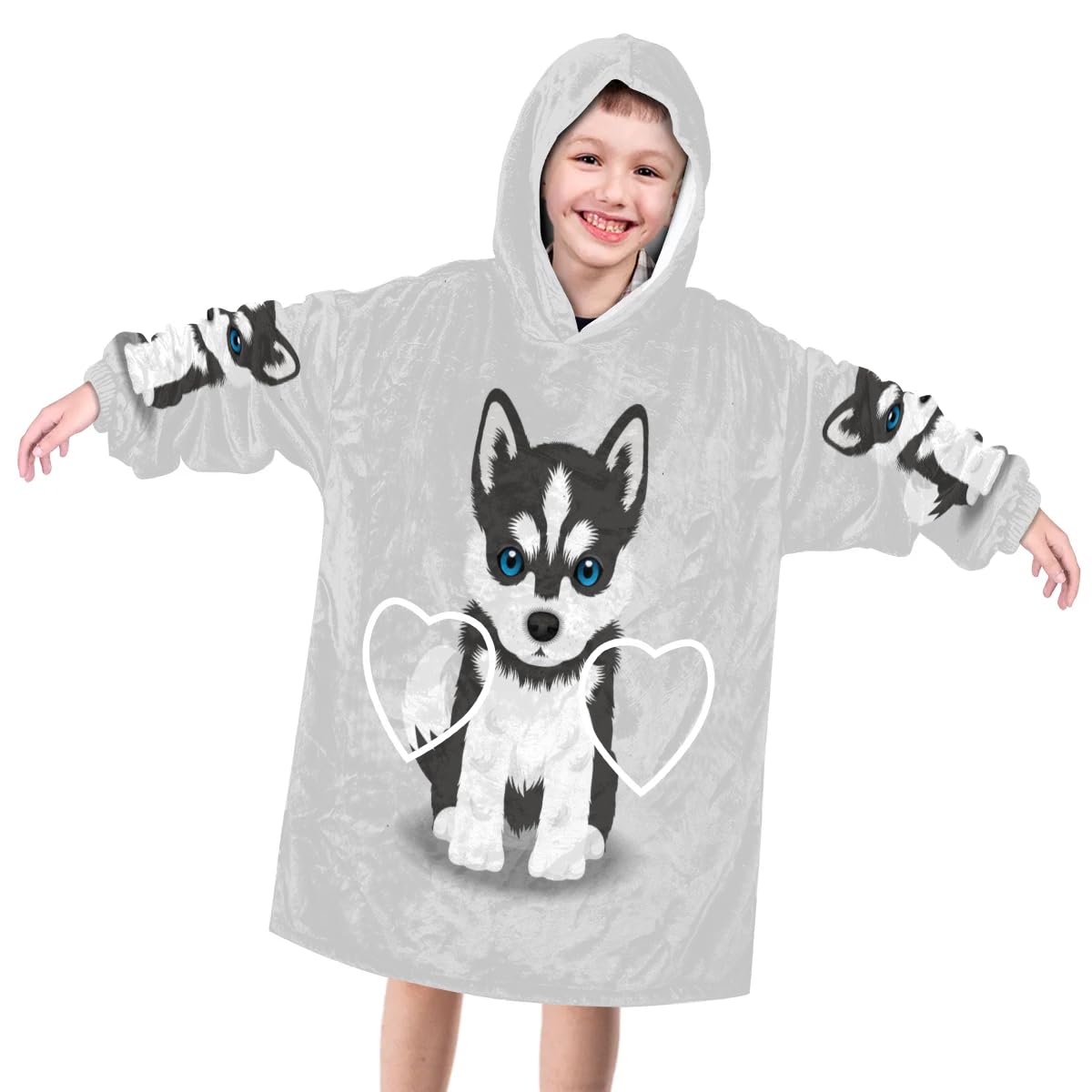 Wearable Blanket Hoodie for Kids, Cute Husky Fleece Sweatshirt Blanket Oversized Blanket Sweatshirt with Pocket Flannel Warm Hooded Blanket 6-10 Year Old Girl Boy Gift, One Size