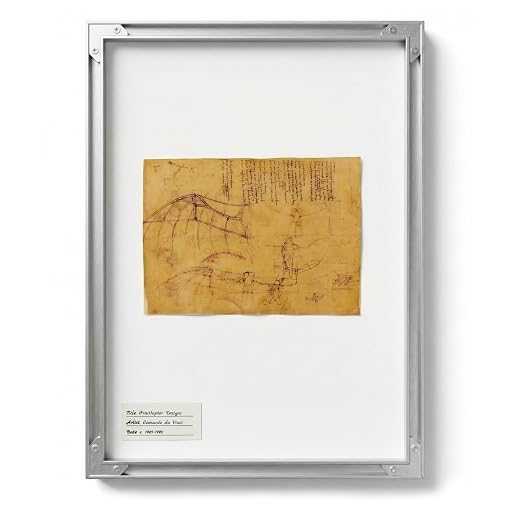 ArsVenciik Da Vinci Ornithopter Framed Wall Art | Large 16.7x11.9 inch size, modern metal frame, vintage flying machine sketch. Visionary museum decor for office and study.