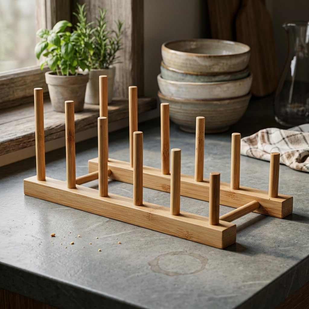 Deconox 5 Bölmeli Bambu Tabaklık - Tezgah Üstü ve Dolap İçi Tabak Düzenleyici, Kesme Tahtası ve Tencere Kapağı Organizeri (25 x 12 cm)