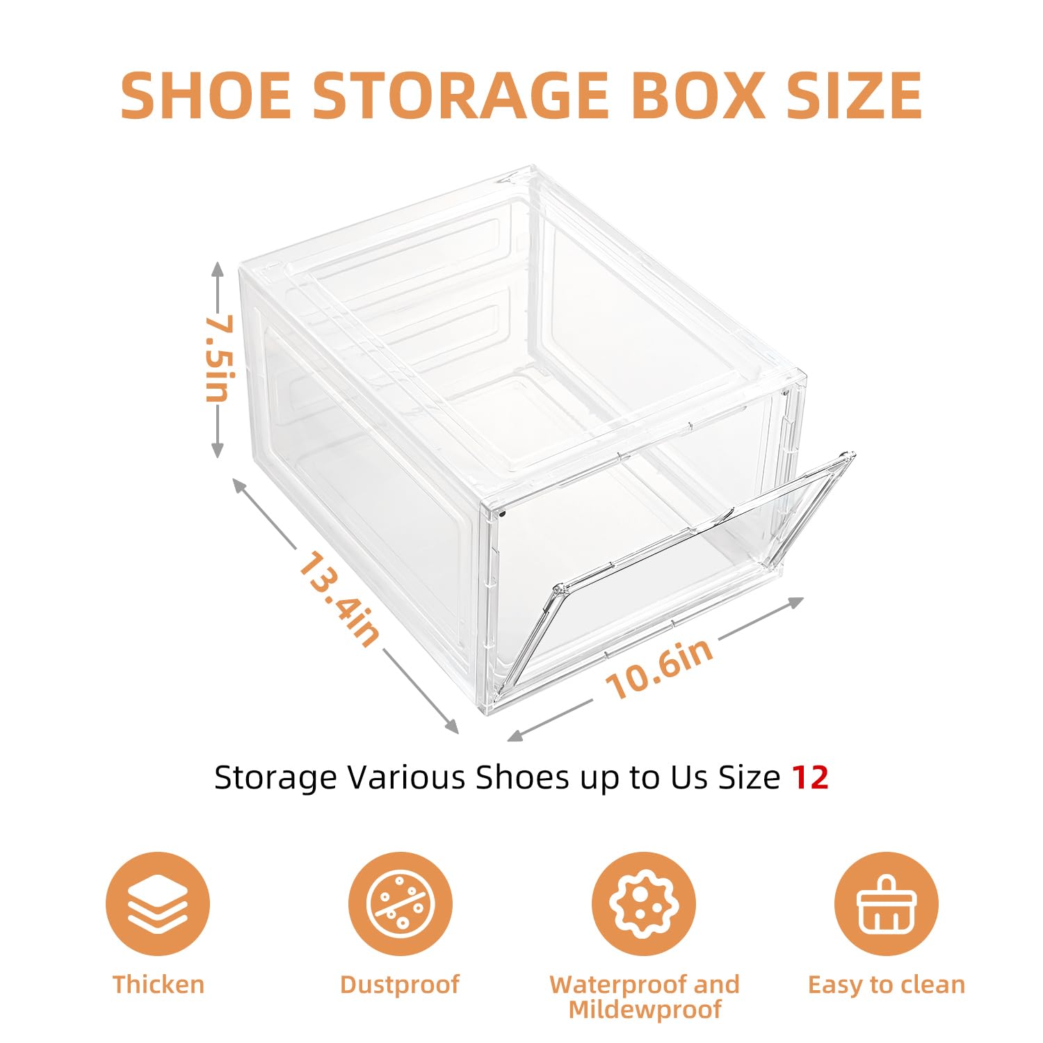 Cajas grandes de plástico transparente apilables, caja de zapatos con puerta transparente, contenedores de zapatos para exhibición de tenis, se adapta hasta la talla 12 de EE. UU. (transparente