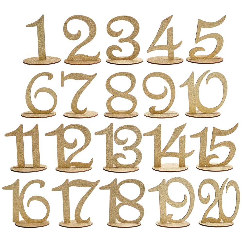 MiOYOOW Glitter Table Numbers, 1-20 Wooden Wedding Table Number with Round Holder Base for Reception Banquet Party Birthday Catering Decoration
