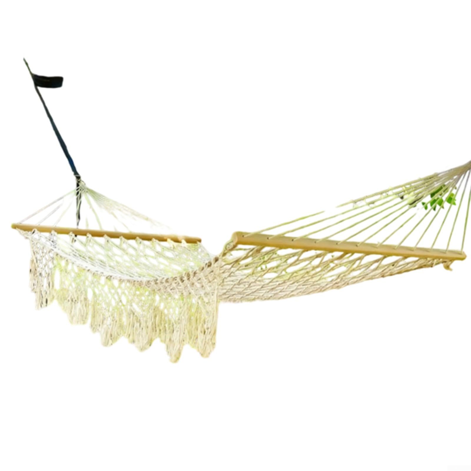 Cama colgante para exteriores de 10 pies con cuerda de algodón suave y barras de madera dura, tumbona doble columpio para dos (borla)