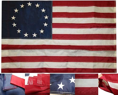 Betsy Ross - Bandera de nailon bordado de 28 x 40 pulgadas, de alta calidad, 100% dura, con manga azul