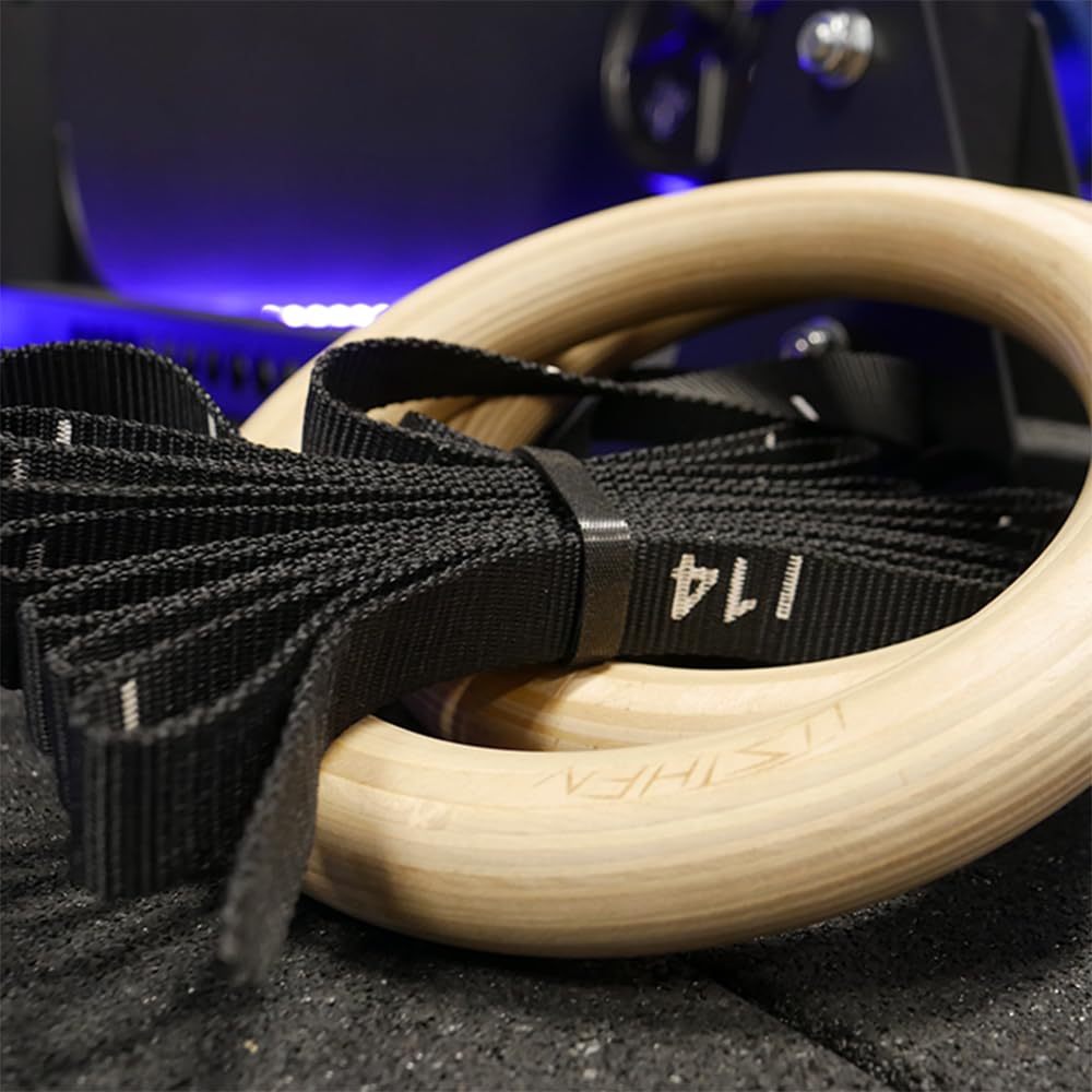 Gymnastikringe für Suspension-Training, Ringe Turnen Holz für zu Hause und im Freien, Dips-Klimmzüge, Freikörpertraining, Gymnastik, Stärke 32 mm, verstellbare Träger