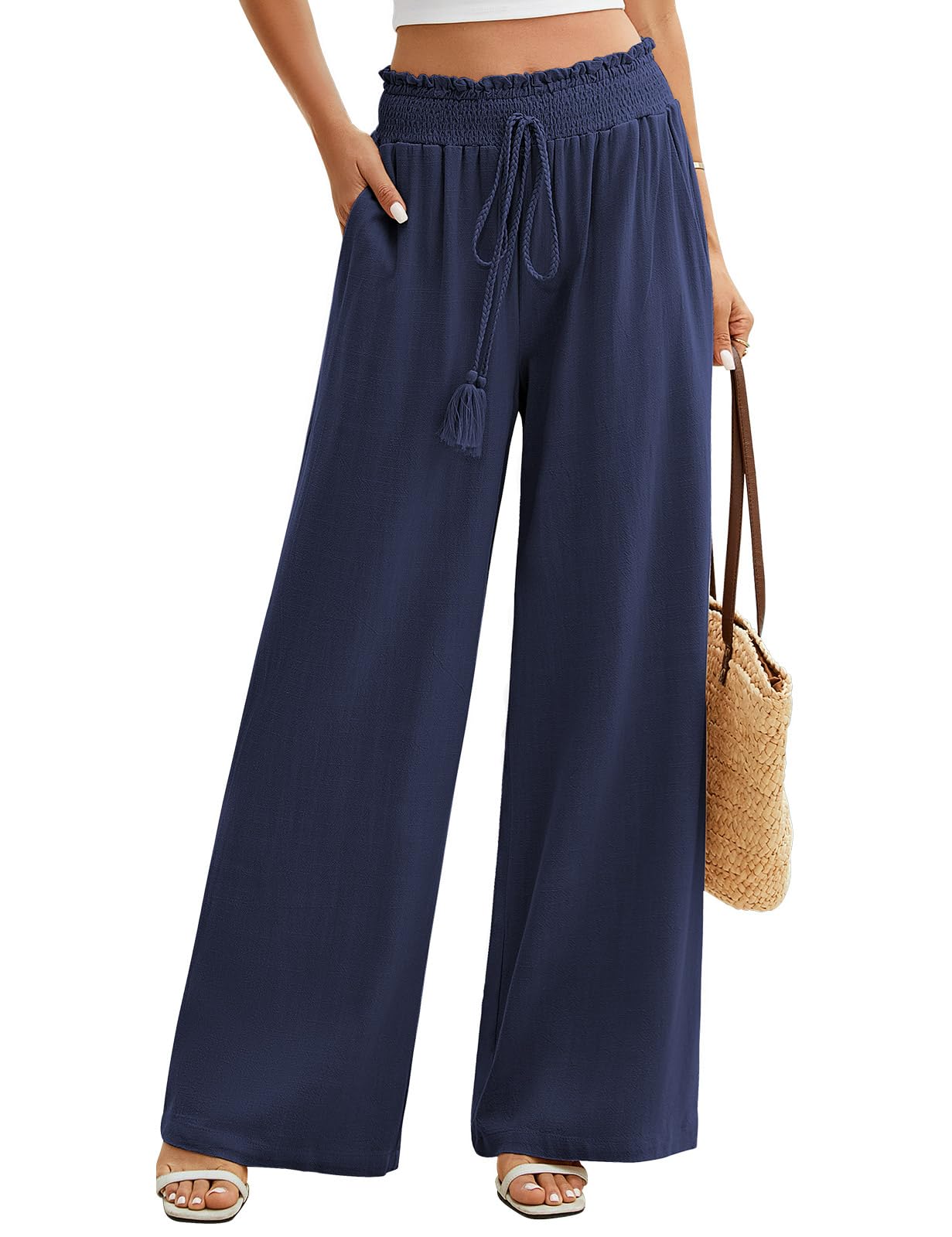 UMIPUBO Pantalon Lin Femme Été Coton Chanvre Décontractés Large Pantalons Fluide Elegant Chic Taille Haute Élastique Pantalon Léger Jogging Pants de Plage avec Poches
