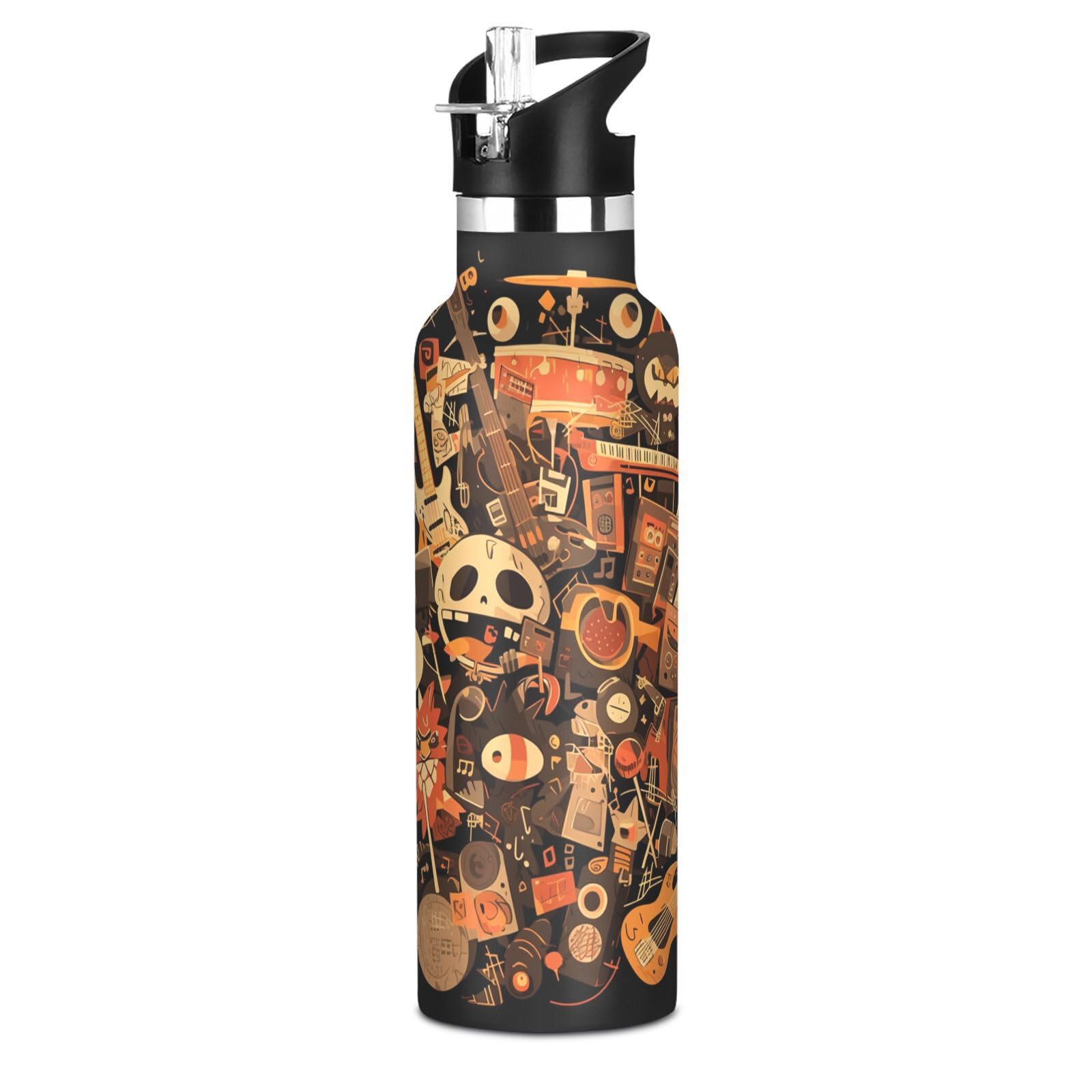 Kaaviyo Boys Pattern Musical Instruments Skull Artistic Water Bottle Stainless Steel Jug Insulated Vacuum Cup For Girls(600Ml)