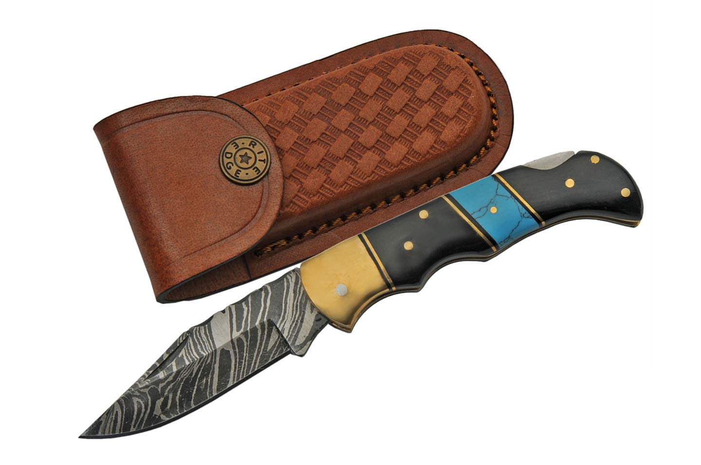 Damascus Steel Turquoise and Horn Handle Folding Knife