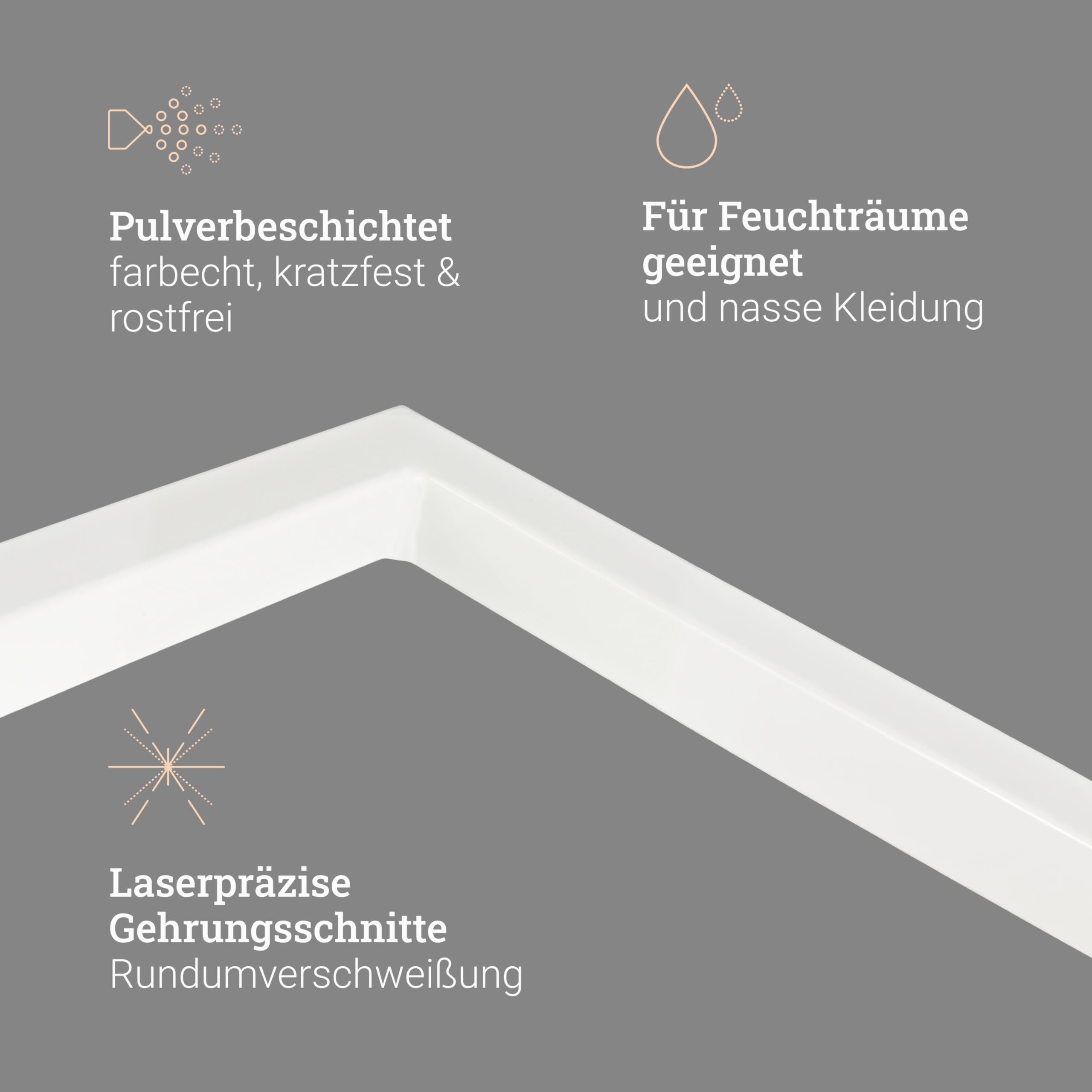 Natural Goods Berlin 1x Kleider-Stange RECHTECK | Einfache Wand-Montage | Garderoben-Stange Industrial Style | Kleider-Stangen aus Metall in Weiß | DIY-Garderoben-System