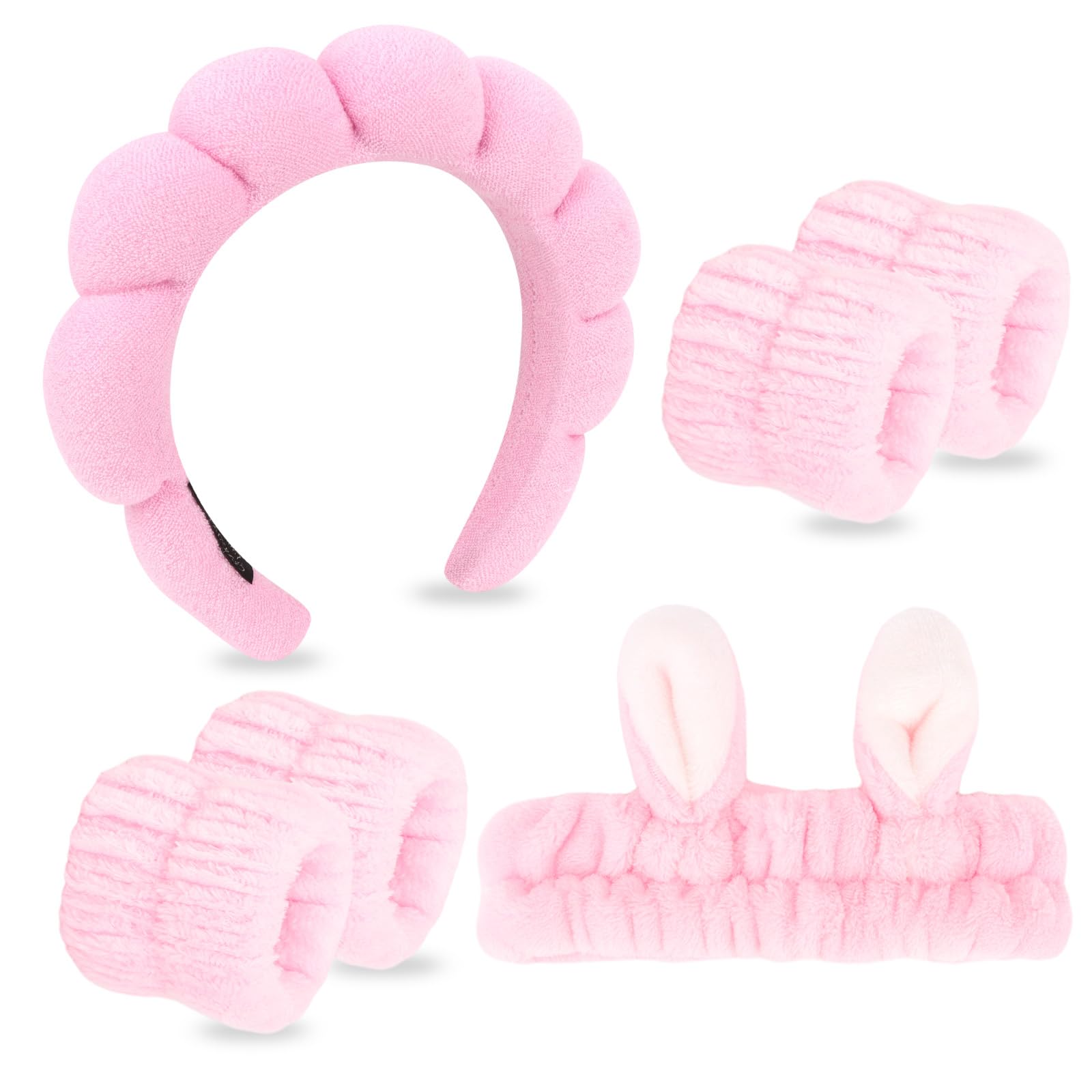 6Pcs Spa Headbands and Wrist Bands Set, Terry Cloth Puffy Hair Band for Washing Face, Bunny Ear Skincare Headband, Face Towel Wristbands for Women