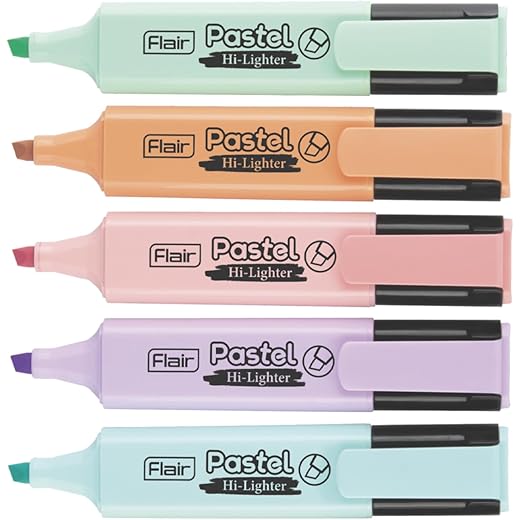 FLAIR Pastel 5 Shades Hi-lighter Pouch Pack | Flexible Line Width | Quick Drying & Smudge Proof Pastel Ink | Non-Toxic Ink, Safe For Childrens | 5 Smoothing Colors, Pack of 1