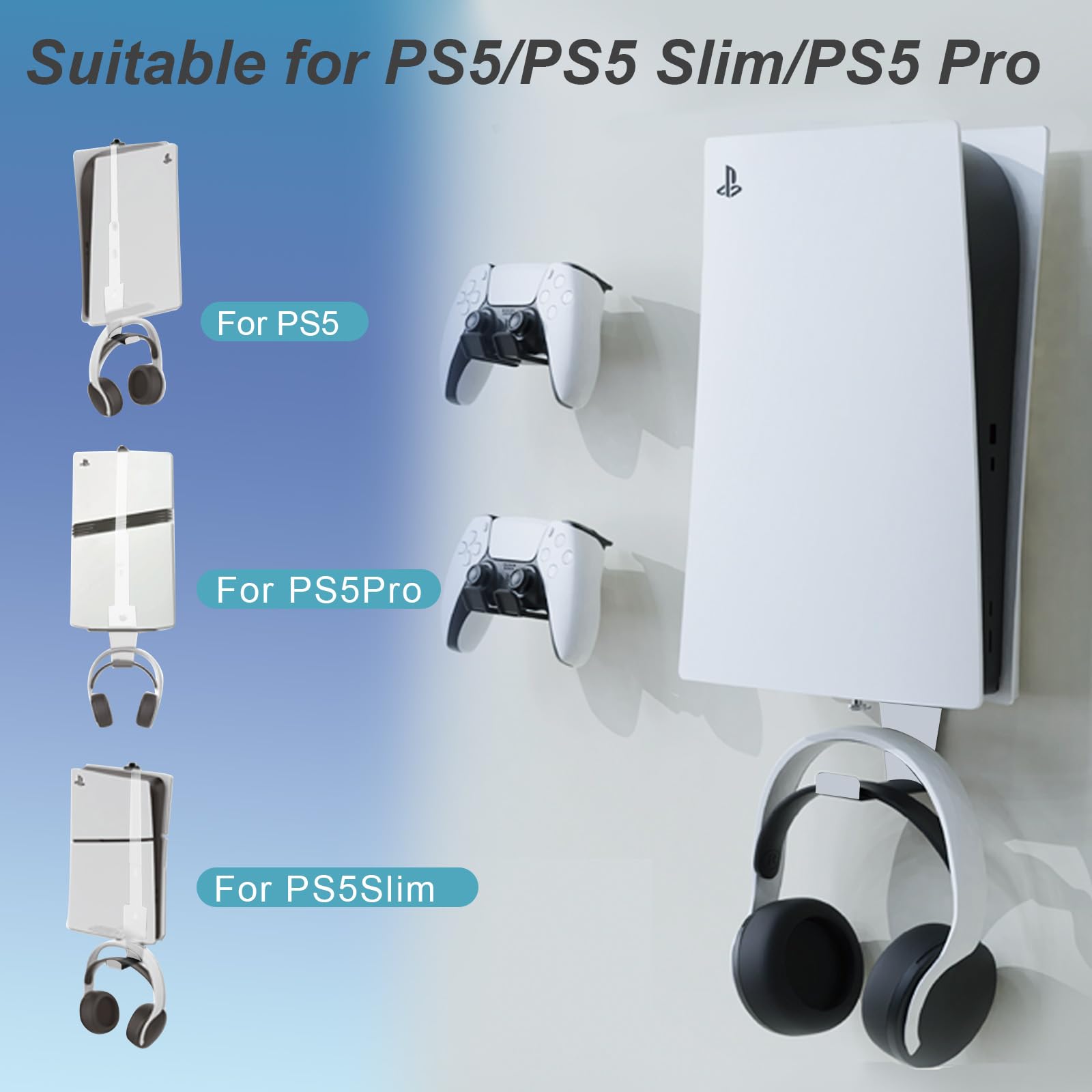 PS5 Wall Mount, Heavy-Duty Steel Mount Kit for Protection & Cooling with 2 Controller Holder and Headset Holder,Compatible with All PS5 Models Including Slim, Pro, Original. (White) - 5
