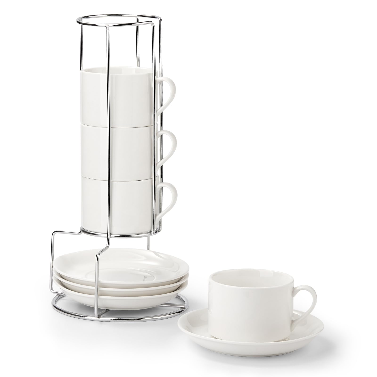 NWYSZ 5 Ounce White Porcelain Stackable Espresso Cups with Stainless Steel Holder, Set of 4, Durable Ceramic, Perfect for Home, Office or Gift